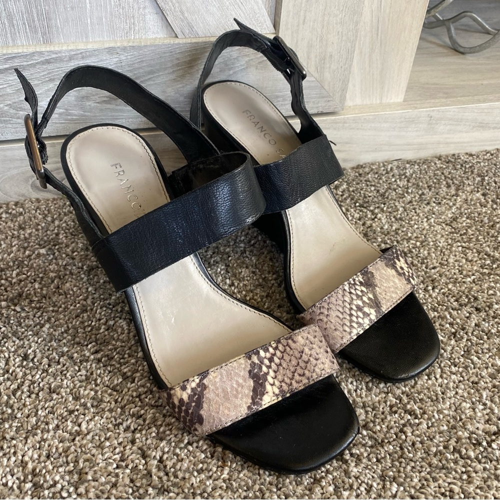 Franco Sarto Hooper Wedge Sandal Womens 10 Open Toe Black Leather Snakeskin 6